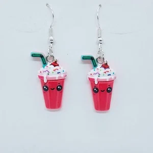 USA Seller Strawberry Milkshake Food Drink 3D Necklace Earrings Set Jewelry NEW - Picture 1 of 2