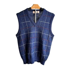 Vintage THE FOX COLLECTION Blue Plaid Wool Blend Sweater Vest Mens L - Picture 1 of 5