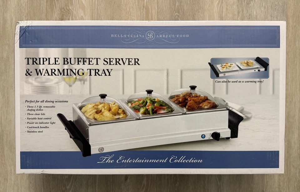 NEW Bella Cucina Triple Buffet Server w/ Warming Tray 3 Trays Transparent Lids - Image 1 of 4