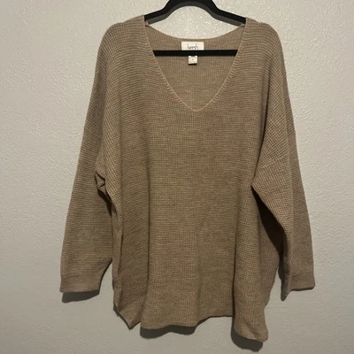 Suéter túnica Kersh Merino mistura de lã malha waffle gola V longline 3X bege acastanhado - Imagem 1 de 4
