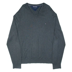 TOMMY HILFIGER Mens Jumper Grey V-Neck Tight Knit Cashmere 2XL - Picture 1 of 6