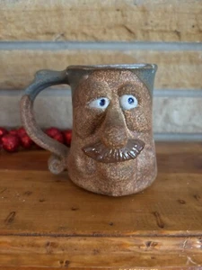 Vintage 1980s Stoneware Cup 3D Ugly Funny Mustached Face Coffee Pottery  Mug - Picture 1 of 7