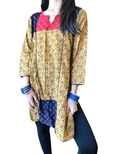 Boho Gypsy Hippy Yellow Printed Tunic Blouse Handmade Cotton Summer HouseDress M