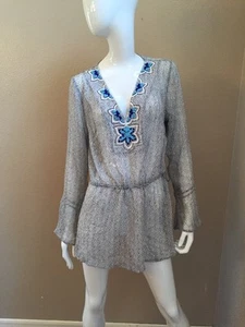 Jenny Han NEW! 100% Silk Turquoise Beaded Side Tied Sheer Tunic Top Sz M NWOT! - Picture 1 of 8