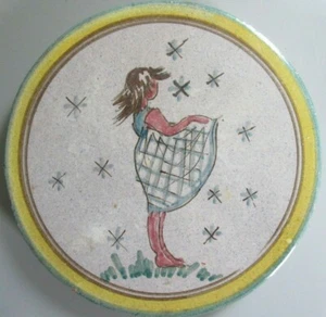 Old Vintage Finland Art Pottery Tea Tile Trivet Hand Painted Girl in Dress Stars - Picture 1 of 2