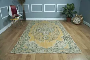 Vintage Turkish Rug, Yellow Wool Rug, Farmhouse Carpet 5.41x8.79 ft. H-2818 - Picture 1 of 10