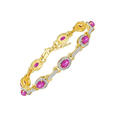 RYLOS STAR RUBY & DIAMOND TENNIS BRACELET YELLOW GOLD PLATED SILVER 7-8"  - Image 1 of 4
