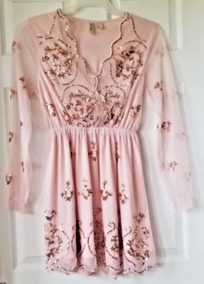H&M DIVIDED Pale Peach Sheer Sequined Dress Long Sleeve Fairycore Whimsy Size XS - Image 1 of 4