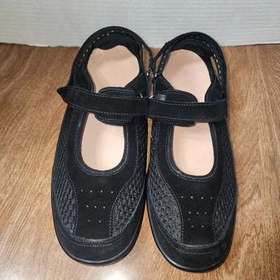 Orhtofeet Size 9 Women Mary Jane Black Leather Ajustable Low Wedge Mesh 893 - Image 1 of 4