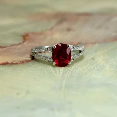 2.30 Ct Oval Cut Natural Red Ruby & Diamond Engagement Ring 14K White Gold SzALL - Image 1 of 4