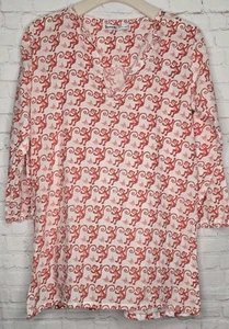 Barbara Gerwit White Coral Pink Monkey Print V Neck Tunic Top 3/4 Sleeve Sz M - Picture 1 of 9