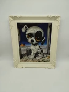 VTG Lithography Pitty Puppy Big Eyed Framed Picture White Plastic Frame 1960โs - Picture 1 of 7