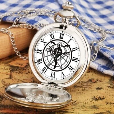 Silver Fullmetal Alchemist Roman Numeral Dial Unisex Quartz Pocket Watch Chain - Image 1 of 4