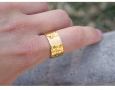 Solid Brass Cigar Band Ring Wide Band Thick Ring Hammered Band Ring B264 - Image 1 of 4