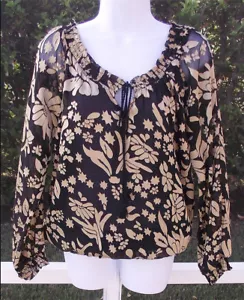 BLUSE SCHWARZ GOLD BUNT GEBLÜMT AUSGEBRANNT LÄSSIG LANGARM VISKOSE MISCHUNG S NEU - Bild 1 von 3