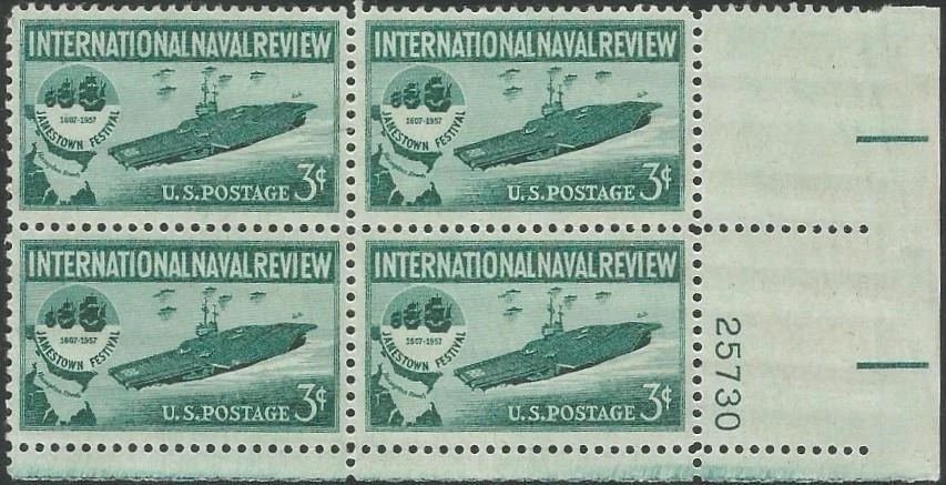 Plate Block of 4 stamps - Scott 1091- 3 cent - Naval Review - 1957 - MNH - Image 1 of 1