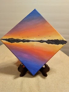 Sylvia Acrylic Painting Stretched Canvas Sunset With Mountains And Birds 8"X8" - Picture 1 of 5