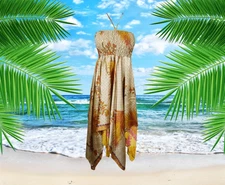 Women Summer Dresses, Sundress, Yellow Beige Handmade Boho Dress, Printed  S/M