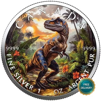 2025 1OZ Silver Canada Velociraptor Dinosaur Colorized Color Cert ONLY 100 #69! - Image 1 of 4