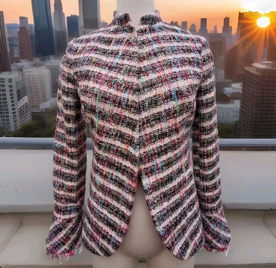 Carlisle New York Flared Fringe Sleeve Striped Tweed Blazer Jacket Womens Sz Sm - Image 1 of 4