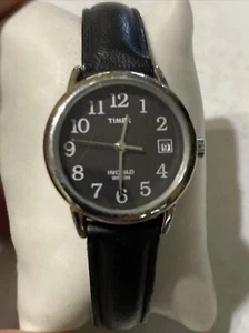 Timex Watch Women Silver Tone Black Dial Indiglo Date Black Band 30M New Battery - Picture 1 of 7