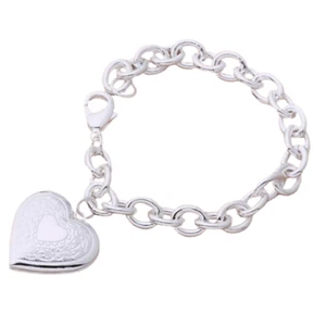 Heart Photo Locket Chain Bracelet Size 7.25 Sterling Silver - Picture 1 of 10