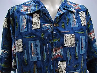 Camisa Hawaiana Malibu Dreams Pesca Canoas Azul Talla XL 100% Algodón Foto 1 de 4