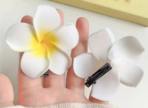Set Of 3 White with Yellow Center Hawaiian Plumeria FOAM Flower Hair Clip - Picture 1 of 4