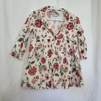 Old Navy Girls Ivory Floral Long Sleeve Collared 1/4 Button Dress 18-24 Months - Image 1 of 4