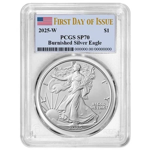 2025-W Burnished $1 American Silver Eagle PCGS SP70 FDOI Flag Label - Picture 1 of 3
