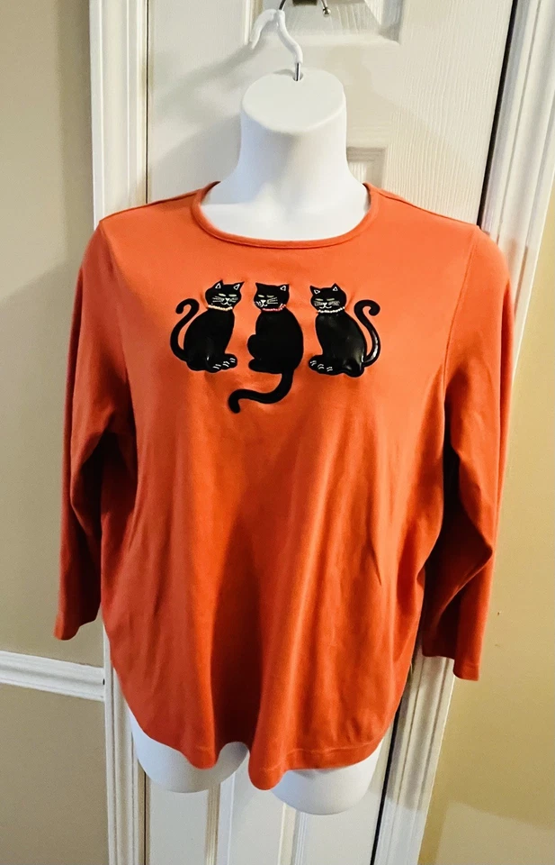 Mercer Street Studio Orange Halloween Cat Long Sleeve Shirt top 1X (14/16W)  - Image 1 of 4