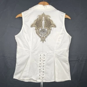 Harley Davidson Vest Womens Large White Corset Back Studded Flame Zip Biker - Picture 1 of 18