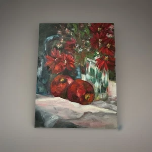 Original Still Life Painting with Apples, Flowers & Tea Pot On Canvas - Picture 1 of 7
