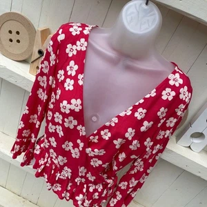 Nobody's Child Blouse Wrap Top Red White Floral Bell Sleeve Cottage Core UK10 - Picture 1 of 10