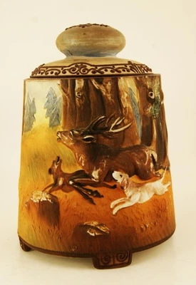 Vintage Hunting Scene Ceramic Humidor Dogs Elk Woods Nippon Hand Painted - Image 1 of 4