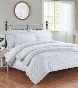Gabrielle Lace Floral Embroidery Duvet Quilt Cover Set Bed Linen Silver/Grey - Picture 1 of 7
