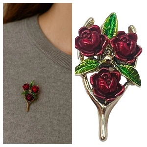 Gerry's Vintage Signed Red Rose Brooch Enamel Flower Pin Gold Tone Bouquet - Picture 1 of 8