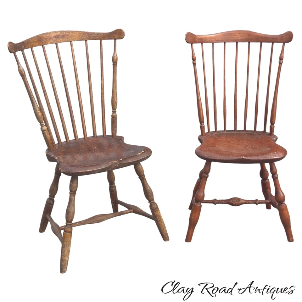 Antique Windsor chairs 18th century fan back pair primitive country chairs - Image 1 of 4