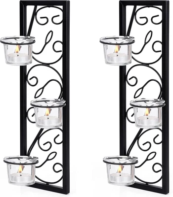 Portacandele Da Parete in Ferro Nero Da 2 Pezzi - H35,2 Cm Porta Candele Montato - Immagine 1 di 4