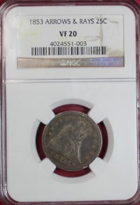 1853-P ARROWS & RAYS SEATED LIBERTY QUARTER NGC VF20 - Picture 1 of 4