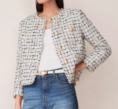 NEW ANN TAYLOR THE PETITE SHORT PATCH POCKET CONFETTI FRINGE TWEED JACKET SZ 00P - Image 1 of 4