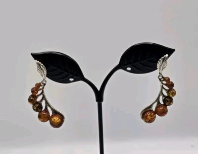 Висячие серьги из стерлингового серебра 925 пробы с трехцветными янтарными листьями - Изображение 1 из 4