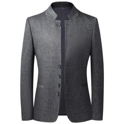 Mens Tweed Single-Breasted Jacket Blazer Coat Mandarin Collar Smart Top  - Image 1 of 4