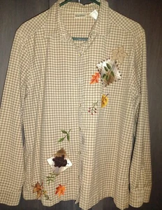 BOBBY BROOKS FALL AUTUMN EMBROIDERED VTG BLOUSE BUTTON WOMEN LARGE BROWN CREAM - Picture 1 of 15