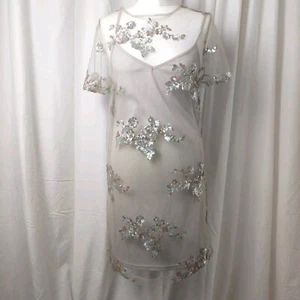 New Look Womens Mini Dress Size UK 10 Sheer Sequin Mesh Overlay Grey Slip NWTS - Picture 1 of 21