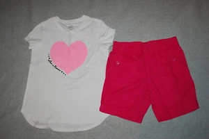 Girls WHITE TEE Pink Orange Sequin Heart LOVE IS FOREVER Bermuda Shorts L 10-12 - Picture 1 of 2