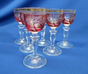 BRYS BOHEMIA RED CUT TO FROSTED 6 CORDIAL 4.25"H ORIGINAL BOX & PACKING - Picture 1 of 9