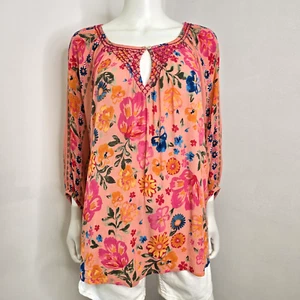 Monsoon XL Blouse Top Alina Floral Print Shirred Embroidered 3/4 Sleeve Bohemian - Picture 1 of 10