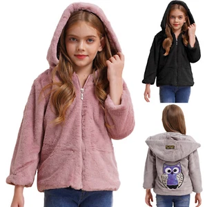 Girls Faux Fur Coat Hoodie Hooded Long Sleeve Cartoon Mid-length Winter Coat - Picture 1 of 43