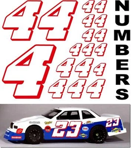 WHITE w/RED (#4's) Racing Numbers Decal Sticker Sheet 1/8-1/10-1/12 RC TAMIYA - Picture 1 of 6